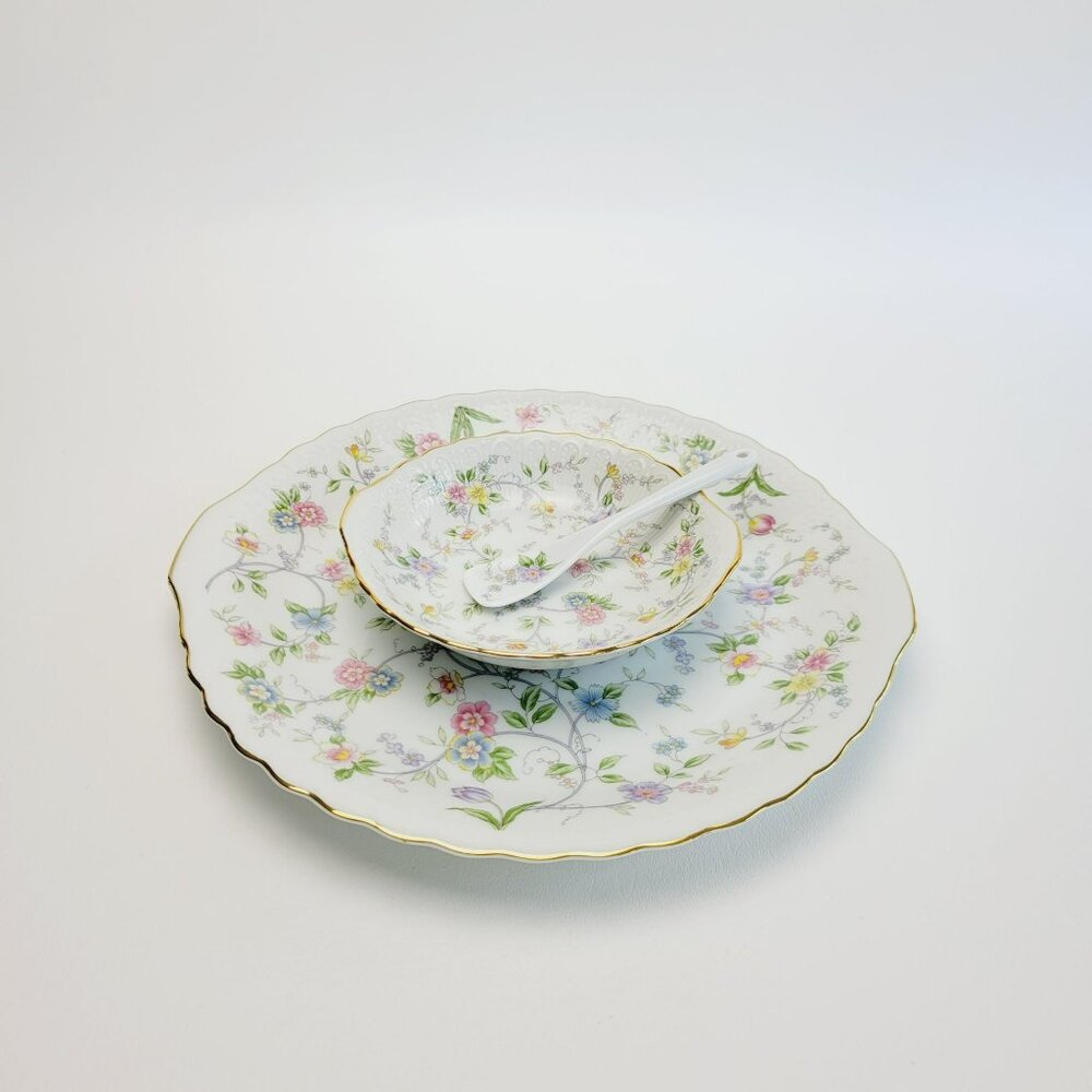 Andrea By Sadek Corona Floral Dessert Serving Set, Chip & Dip Set, Japan c.1996